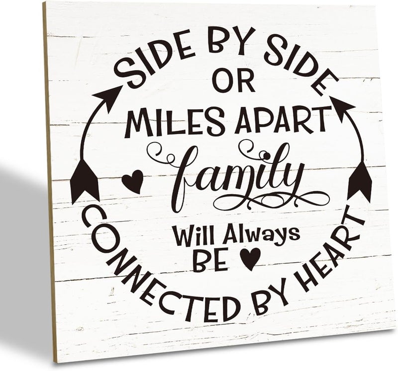 SUSZDOU Family Sign, “Side by Side or Miles Apart, Family Will Always Be Connected by Heart”, Wooden Plaque Table Art Sign 6.2x6.2 Inch, Farmhouse Room Decor, Long Distance Gift for Loved Ones D - Image 1